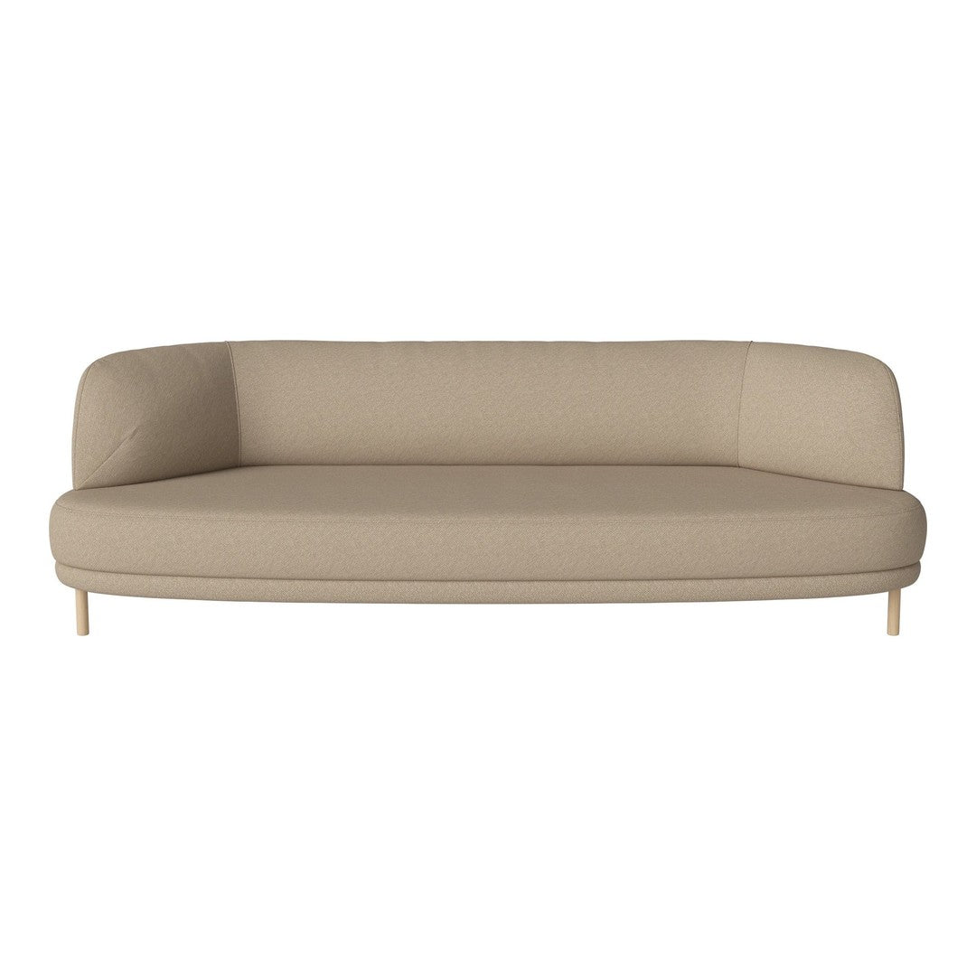 Beige modern sofa with a smooth, curved design and light wooden legs, perfect for minimalistic decor.