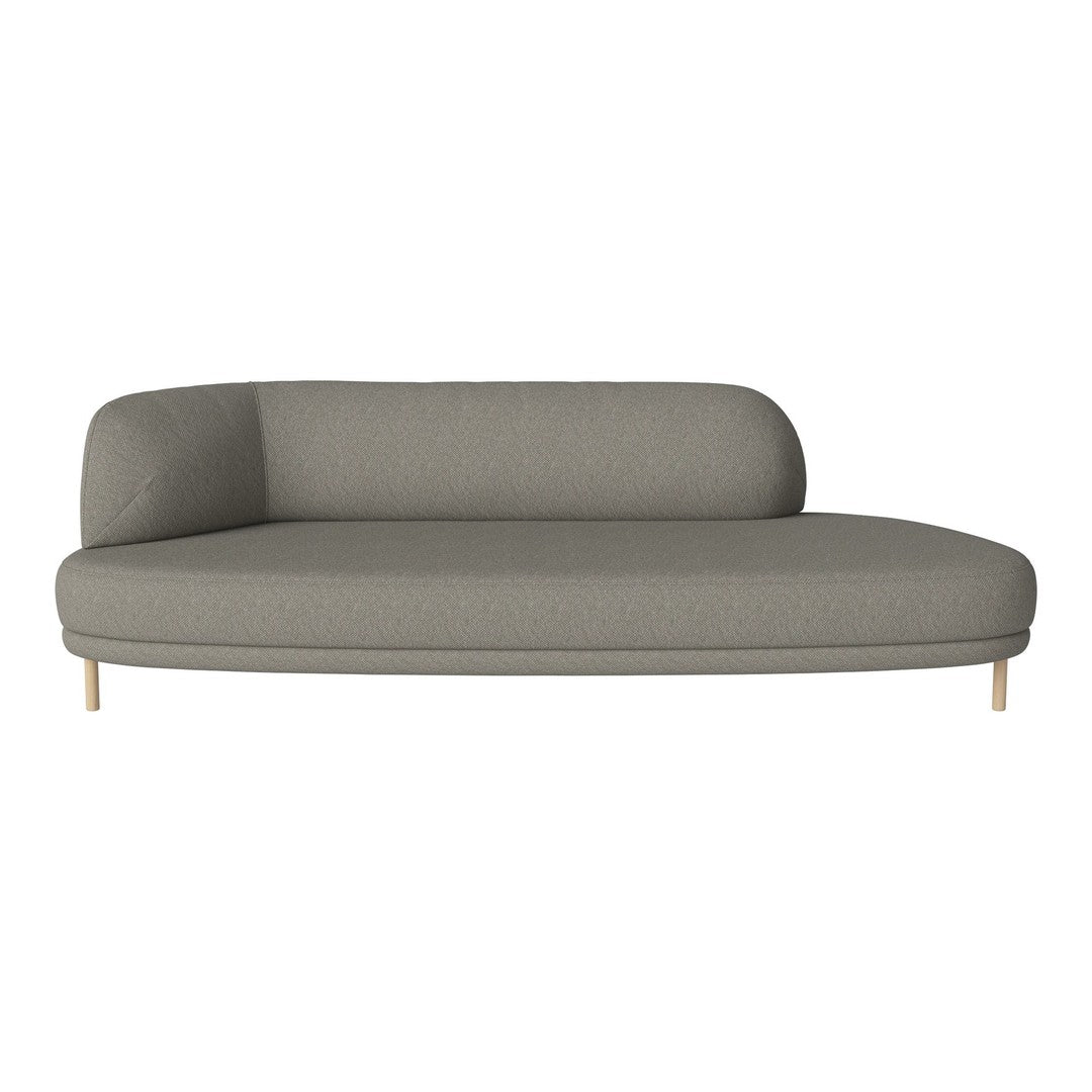 Curved gray sofa with a smooth fabric texture and light wooden legs, featuring a minimalist design.