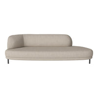 Beige upholstered sofa with a smooth, minimalist design and curved backrest, resting on sleek black metal legs.