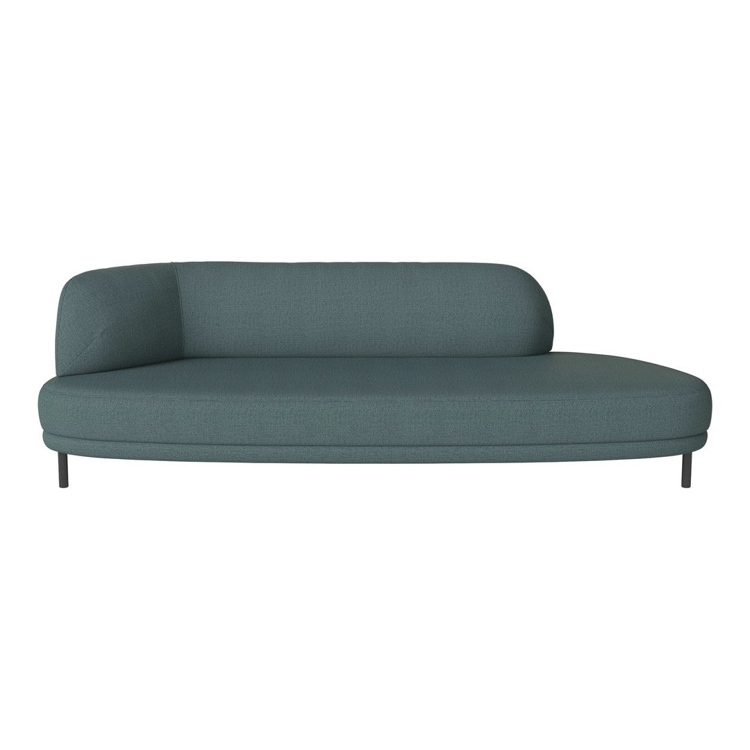 Teal upholstered sofa with a smooth, modern design and curved silhouette, featuring a minimalist style and no visible patterns.