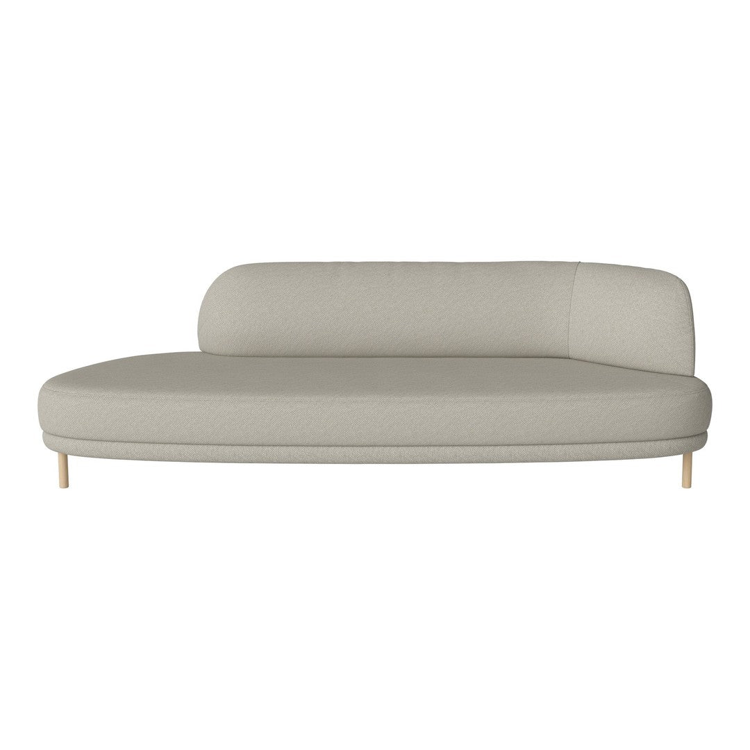 Light grey curved sofa with smooth upholstery and natural wooden legs, offering a modern minimalist design.