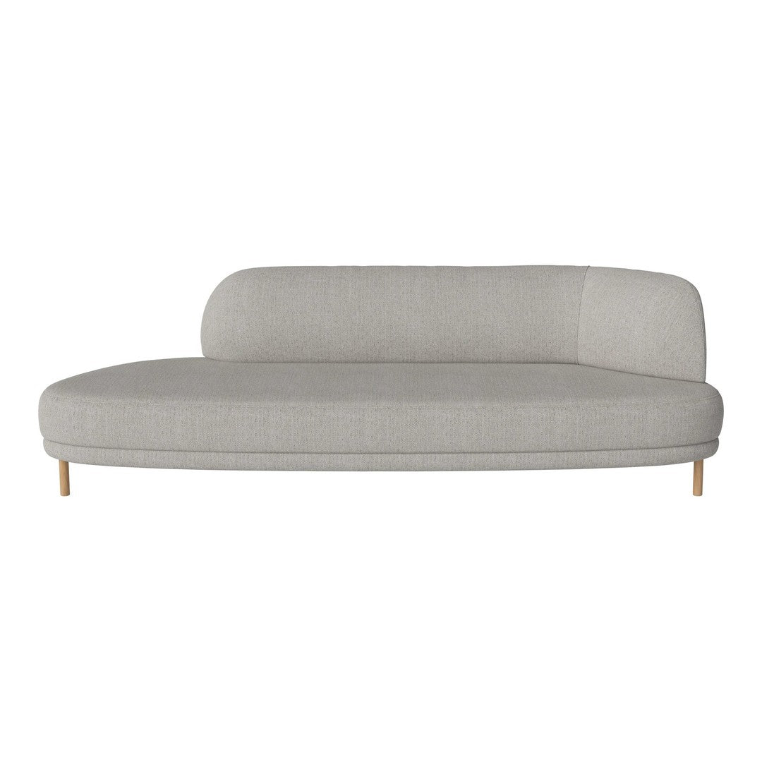 Light gray curved sofa with a smooth fabric texture and natural wood legs, perfect for modern interiors.