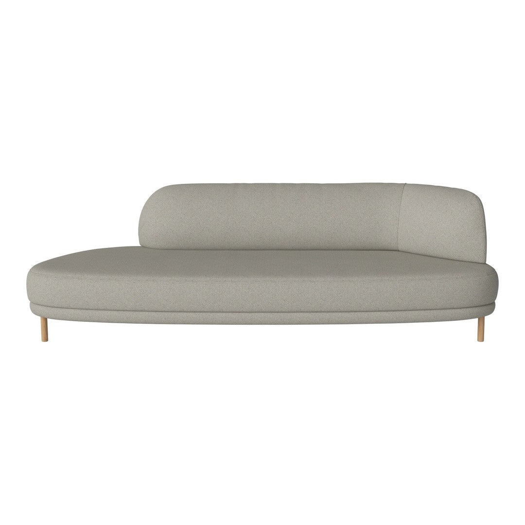 Light gray curved sofa with a minimalist design and natural wood legs, featuring a smooth, solid pattern.