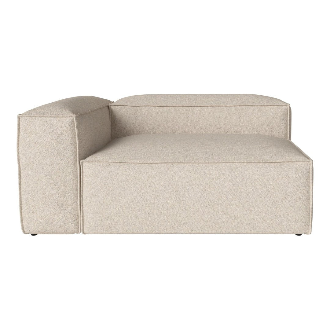 Beige fabric chaise lounge with a textured pattern and minimalist design. Perfect for modern living spaces.