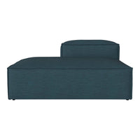 Teal upholstered chaise lounge with a smooth, modern design and minimalistic lines, showcasing a textured fabric.