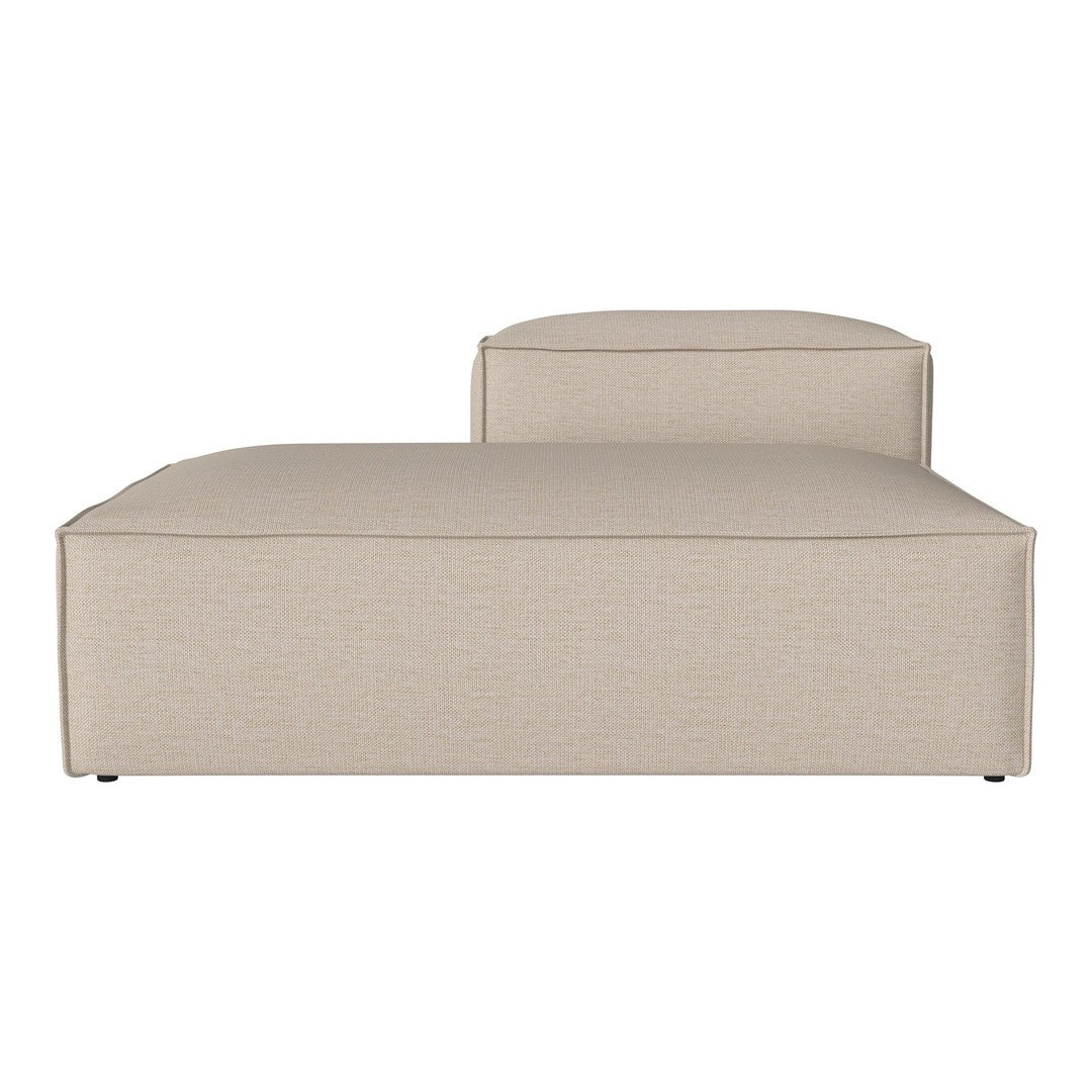 Beige upholstered modular sofa section with a smooth, minimalist design, featuring a subtle textured pattern.