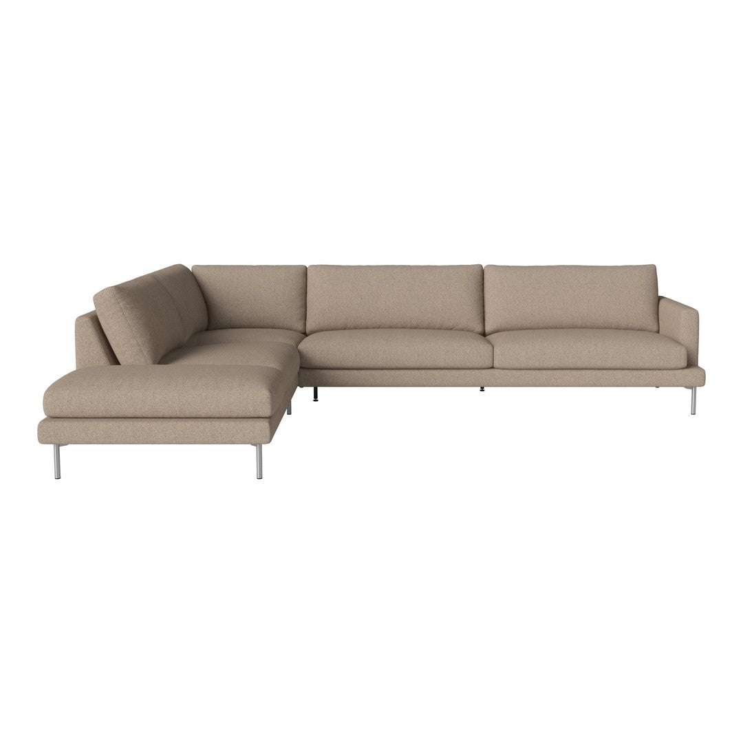 Beige sectional sofa with a minimalist design and subtle texture, featuring sleek metal legs. Perfect for modern decor.