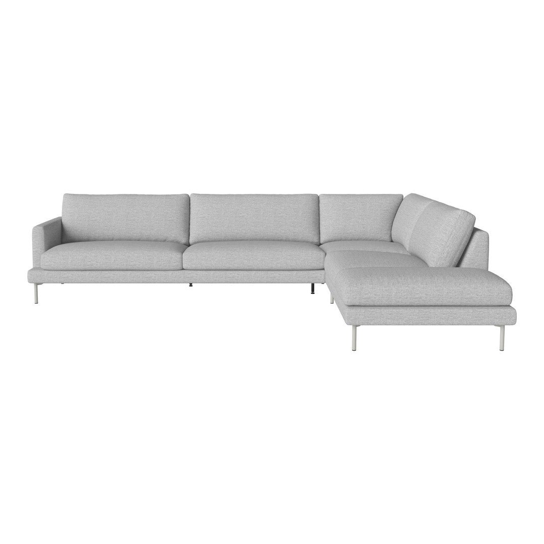 Light gray sectional sofa with a minimalist design and smooth fabric texture. Perfect for modern living spaces.