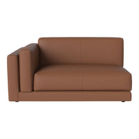 Brown leather sectional sofa with a smooth, minimalist design and clean lines. Ideal for modern decor.