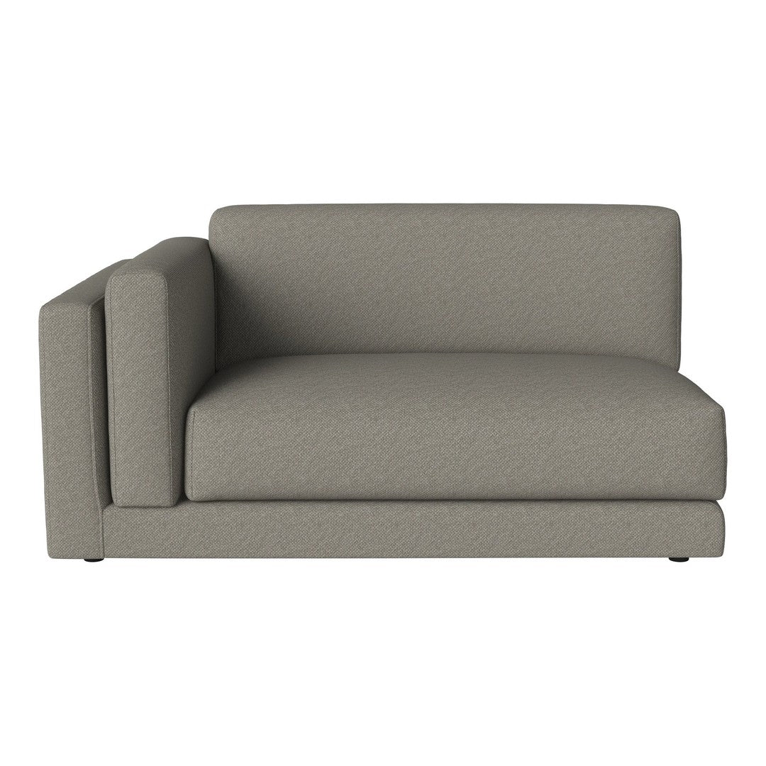 Gray upholstered sectional sofa with a modern, minimalist design and textured fabric.