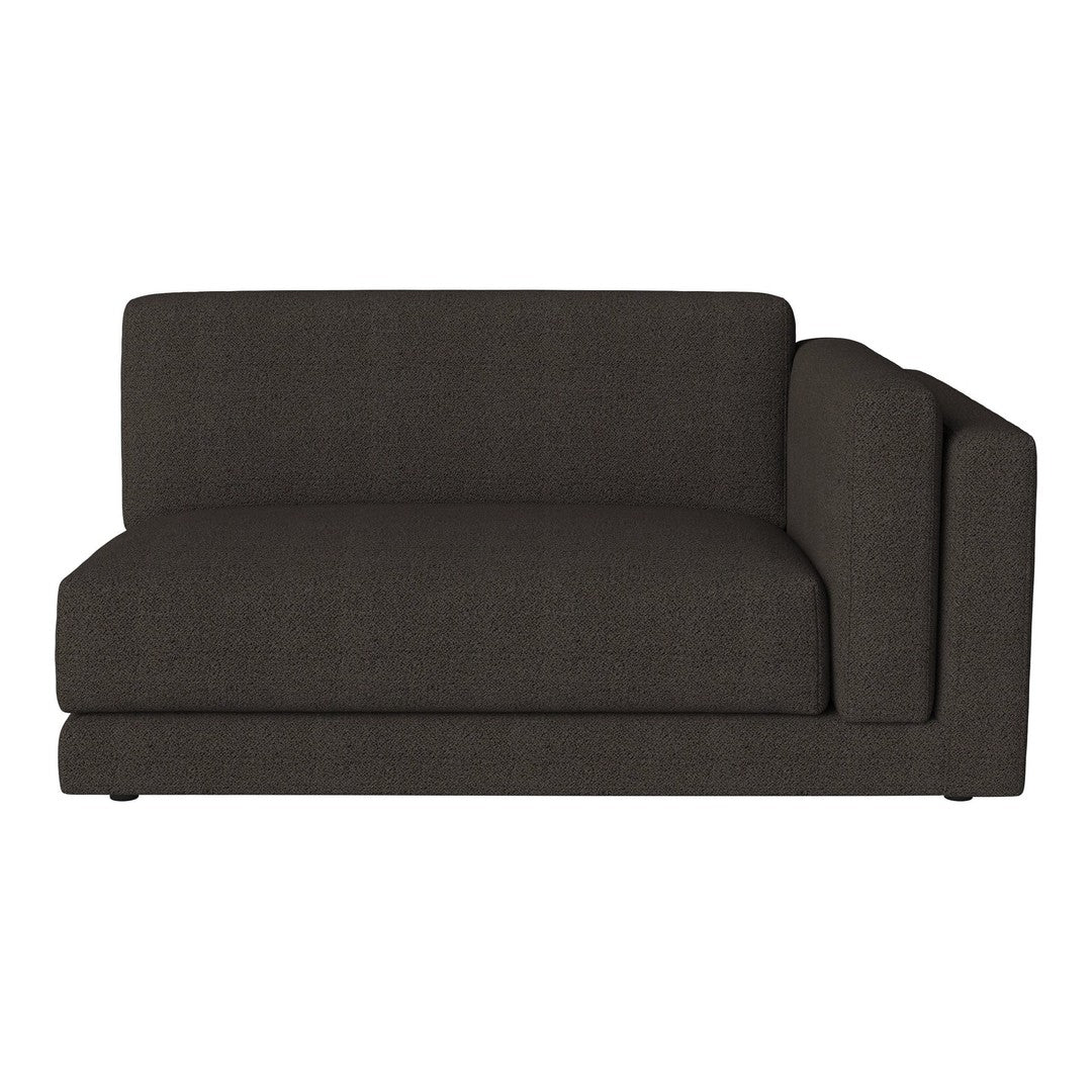 Charcoal gray upholstered sofa with a sleek, modern design, featuring smooth, textured fabric and minimalist lines.