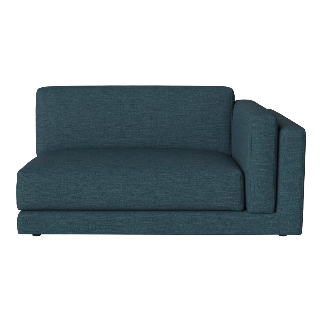 Teal upholstered sectional sofa with a sleek, modern design and textured fabric, perfect for contemporary living spaces.