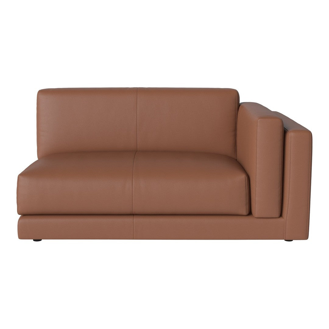 Brown leather modern sofa with sleek lines and minimalist design. Perfect for contemporary living spaces.
