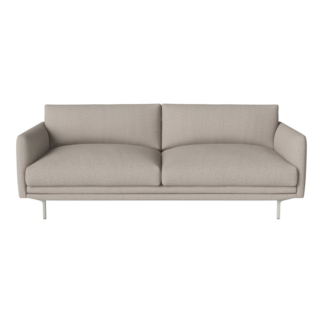 Beige fabric sofa with minimalist design and smooth texture, featuring two spacious cushions and sleek metal legs.