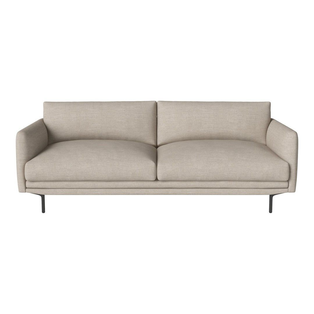 Light beige upholstered sofa with minimalistic design and smooth fabric. Sleek, modern silhouette with black legs.