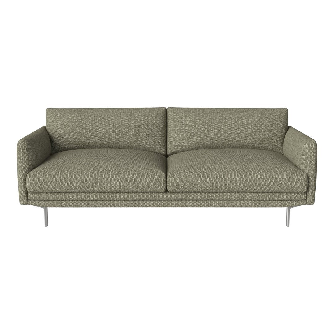 Olive green sofa with smooth, textured fabric and sleek metal legs. Minimalist design complements modern decor.