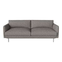 Modern gray sofa with smooth fabric and minimalistic design, featuring two plush cushions and sleek metal legs.