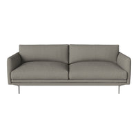 Gray two-seater sofa with a minimalist design and smooth fabric upholstery. Sleek silver legs enhance modern appeal.