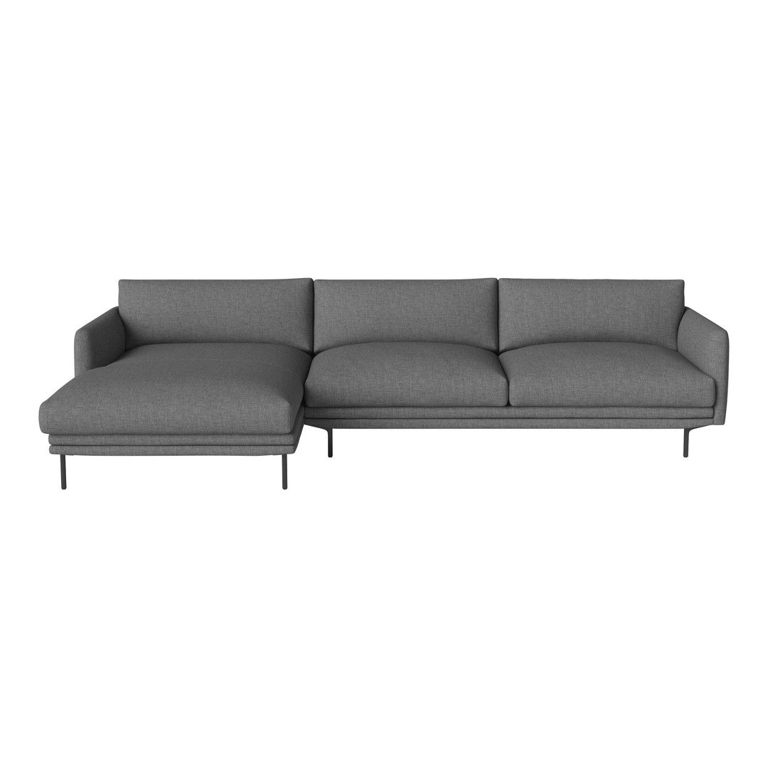 Gray sectional sofa with a modern design and smooth fabric upholstery, featuring clean lines and minimalist style.