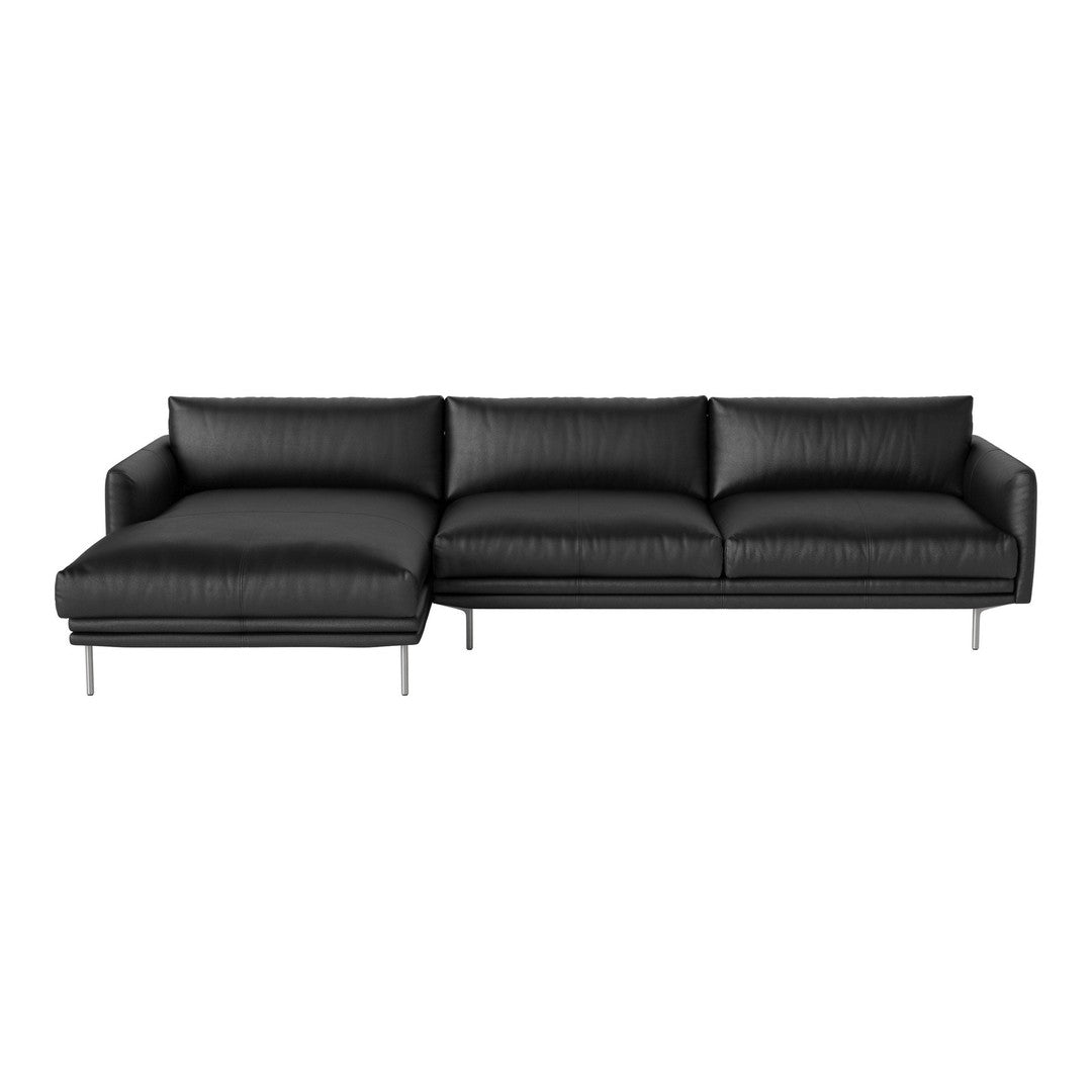 Modern black leather sectional sofa with sleek lines and a minimalist design, perfect for contemporary interiors.