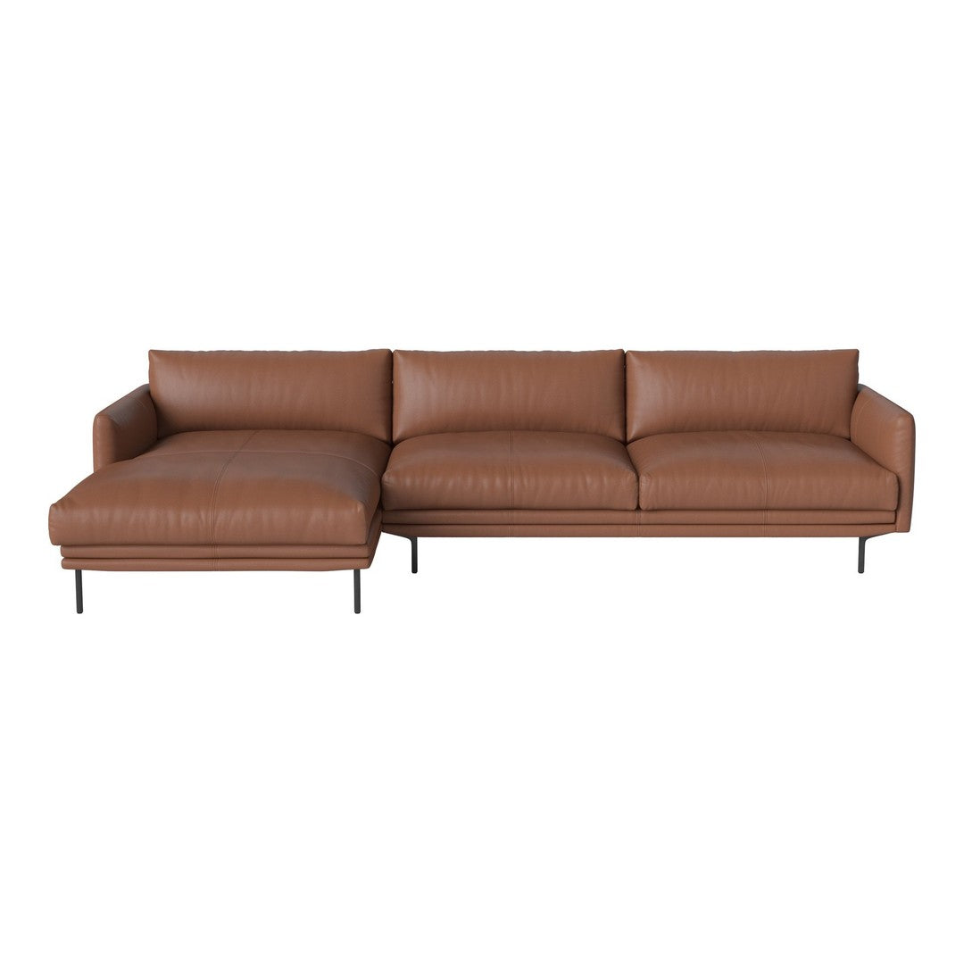 Brown leather sectional sofa with sleek lines and smooth, minimalist design. Perfect for modern living spaces.