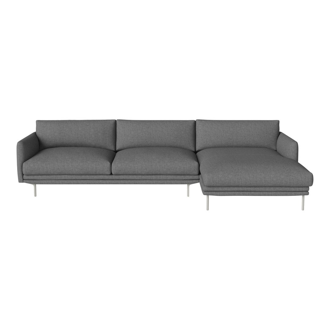 Gray sectional sofa with smooth upholstery and minimalistic design. Features solid color and modern legs.