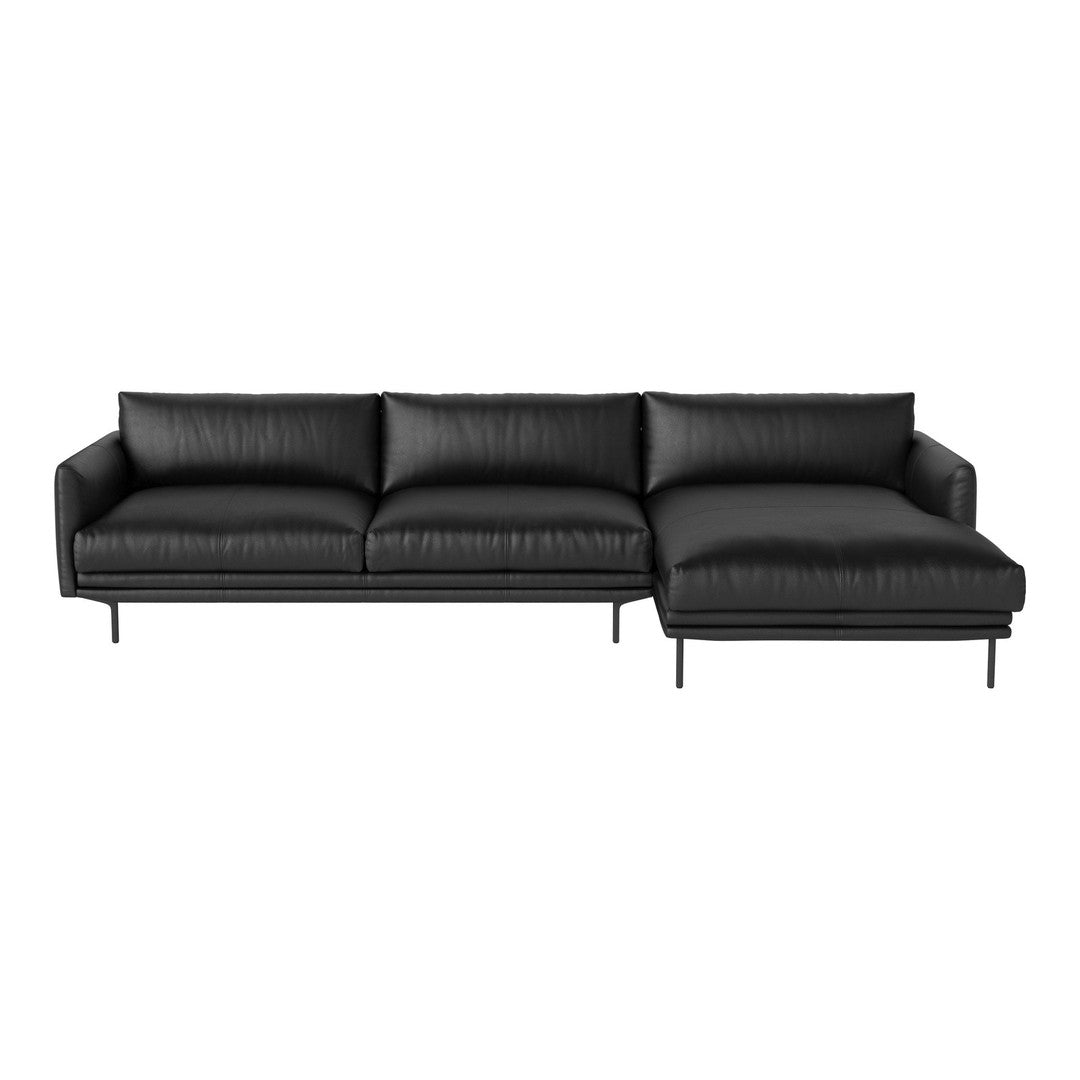 Black leather sectional sofa with sleek lines and modern, minimalist design. Perfect for contemporary living spaces.