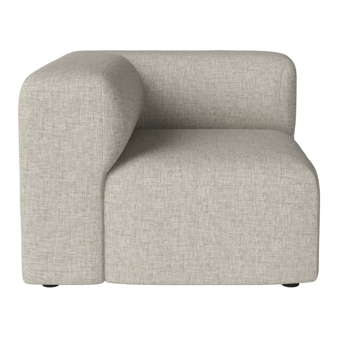 Light gray upholstered corner chair with a soft, textured finish and clean, modern lines.