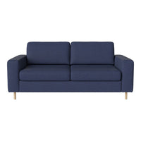 Navy blue two-seater sofa with a minimalist design and textured fabric upholstery. Featuring light wooden legs.