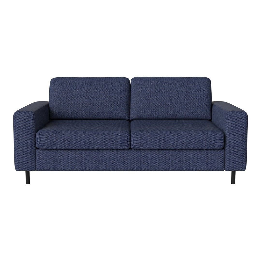 Navy blue two-seater sofa with a textured fabric and minimalist design. Perfect for modern living rooms.