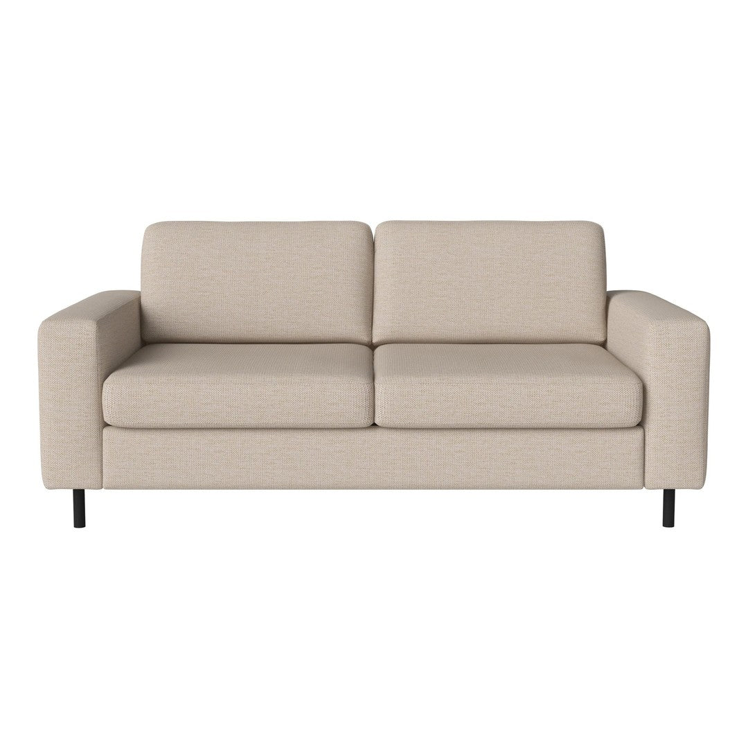 Beige two-seater sofa with clean lines and a textured fabric, complemented by black metal legs.