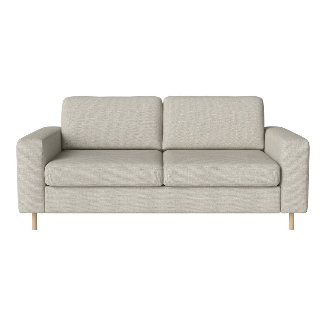 Light beige two-seater sofa with a simple, modern design and smooth fabric upholstery, complemented by natural wooden legs.