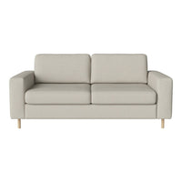 Light beige two-seater sofa with a simple, modern design and smooth fabric upholstery, complemented by natural wooden legs.