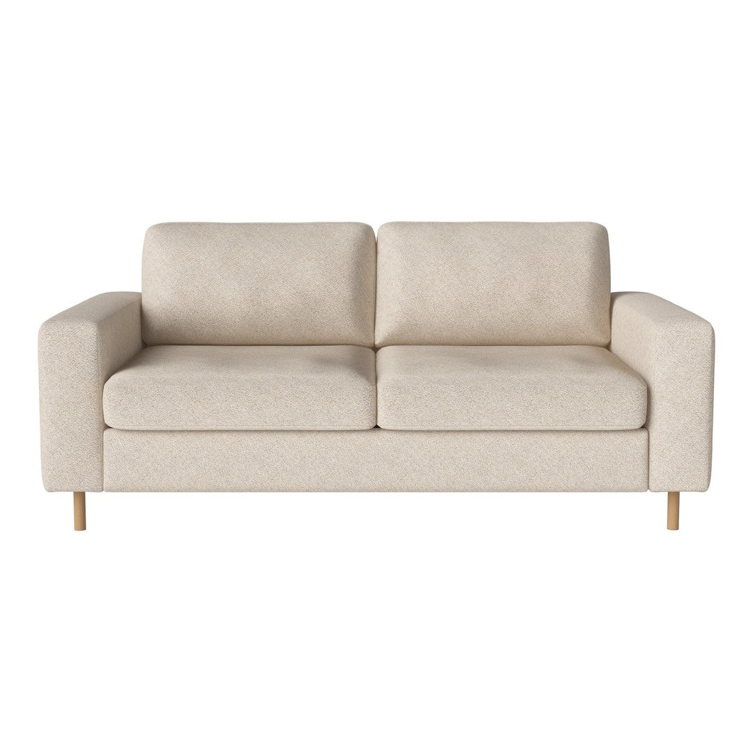 Beige two-seater sofa with a subtle textured pattern and light wooden legs, perfect for modern interiors.