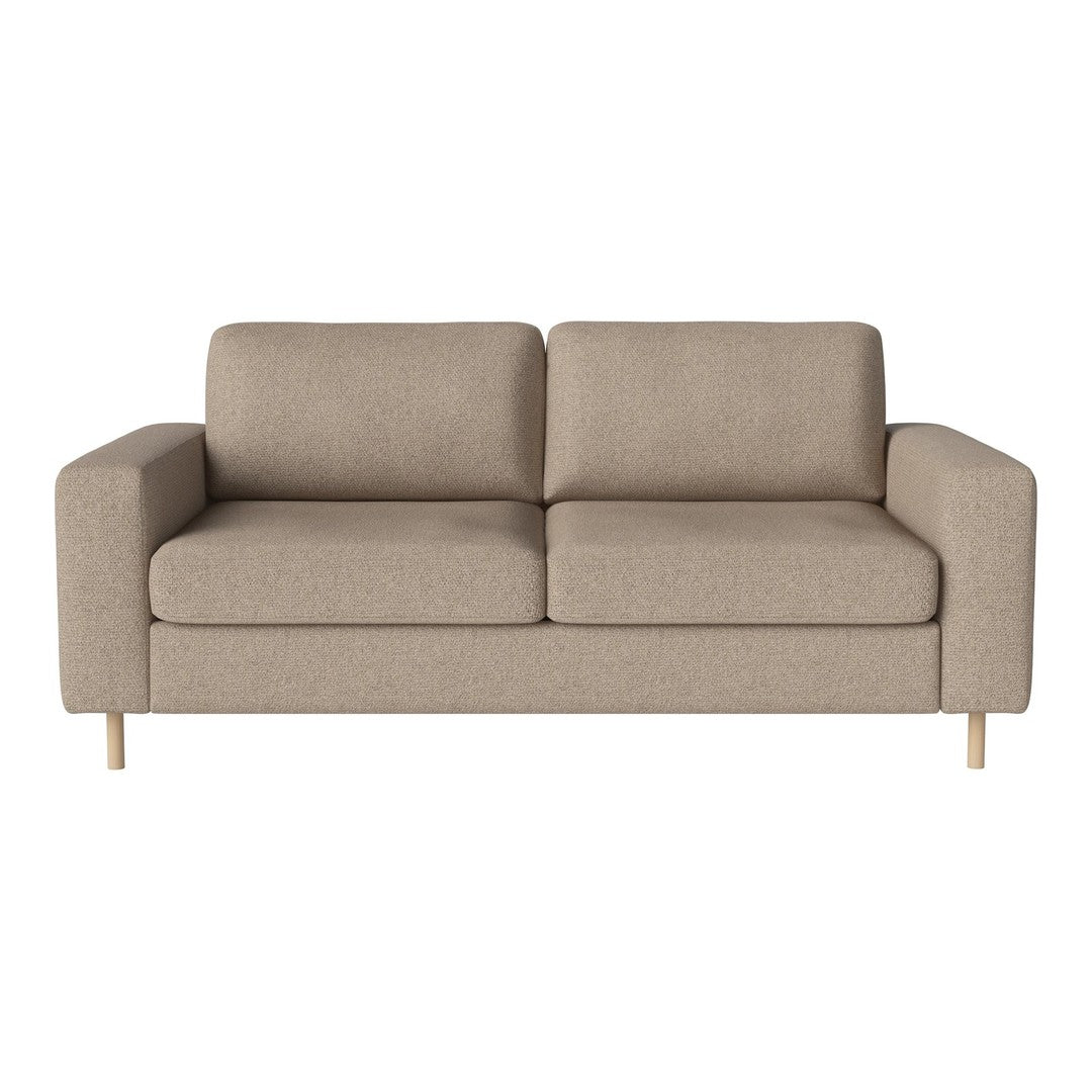Light brown fabric sofa with a smooth, minimalist design and natural wood legs. Perfect for modern interiors.