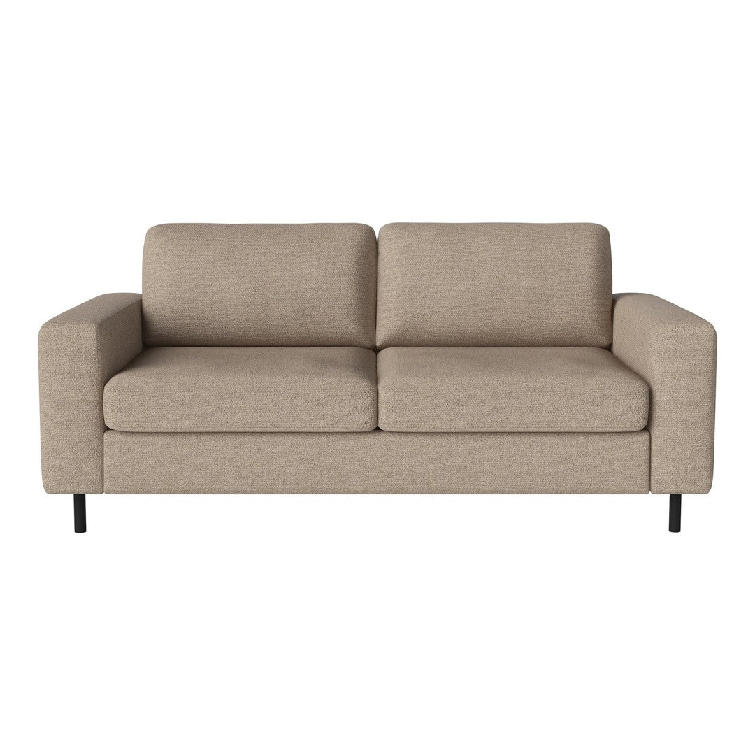 Beige two-seater sofa with a smooth texture and minimalist design, featuring clean lines and a modern style.