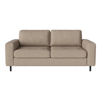 Beige two-seater sofa with a smooth texture and minimalist design, featuring clean lines and a modern style.