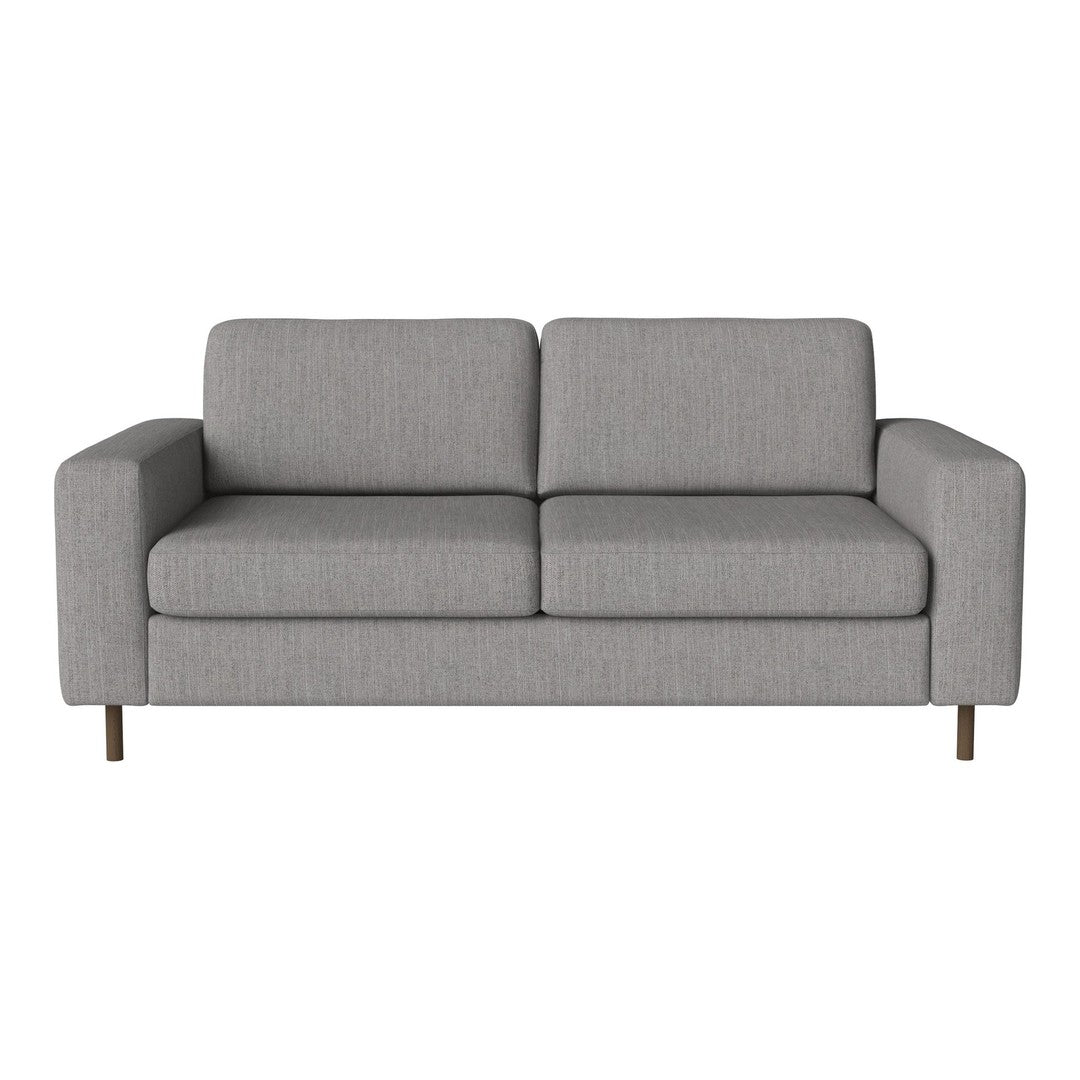 Gray fabric sofa with clean lines and horizontal pattern, featuring sleek wooden legs. Perfect for modern living spaces.