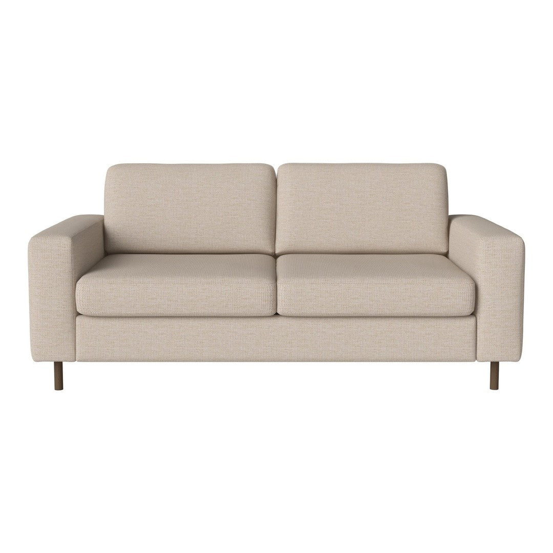 Beige upholstered sofa with a modern design and smooth fabric texture, featuring clean lines and minimalist style.