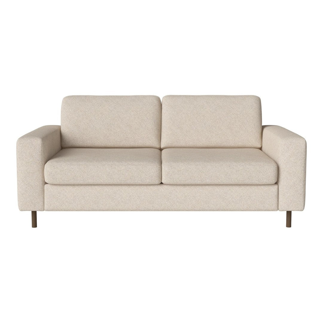 Beige fabric sofa with a minimalist design and smooth, even texture, featuring light brown wooden legs.