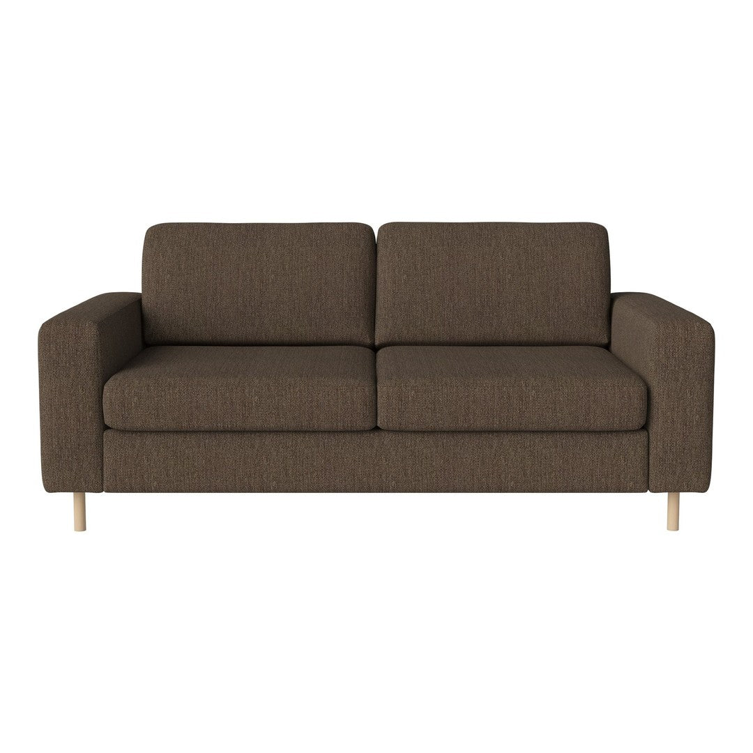 Brown fabric sofa with a smooth texture and simple, modern design, featuring light wood legs for contrast.