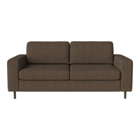 Brown textured fabric sofa with clean lines and minimalist design, featuring two plush seat cushions and wooden legs.