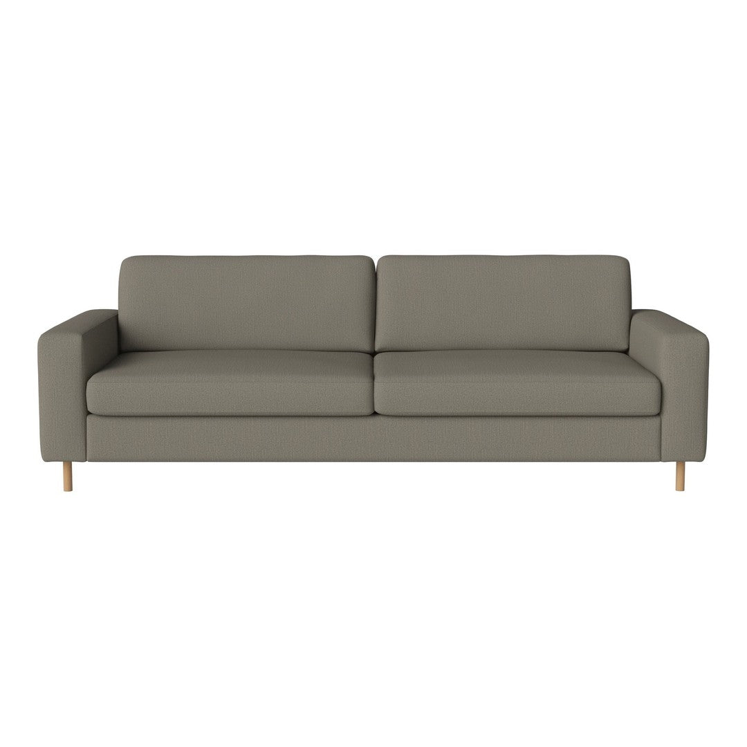 Modern two-seat sofa in a soft gray color with smooth, minimalist lines and light wood legs.