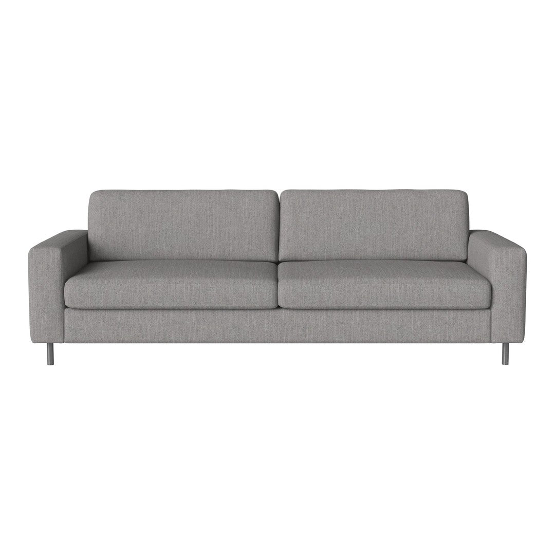 Light gray sofa with a minimalist design and smooth fabric texture, featuring clean lines and a modern aesthetic.