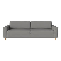 Gray upholstered sofa with a smooth texture and minimalistic design, featuring wooden legs in a natural finish.
