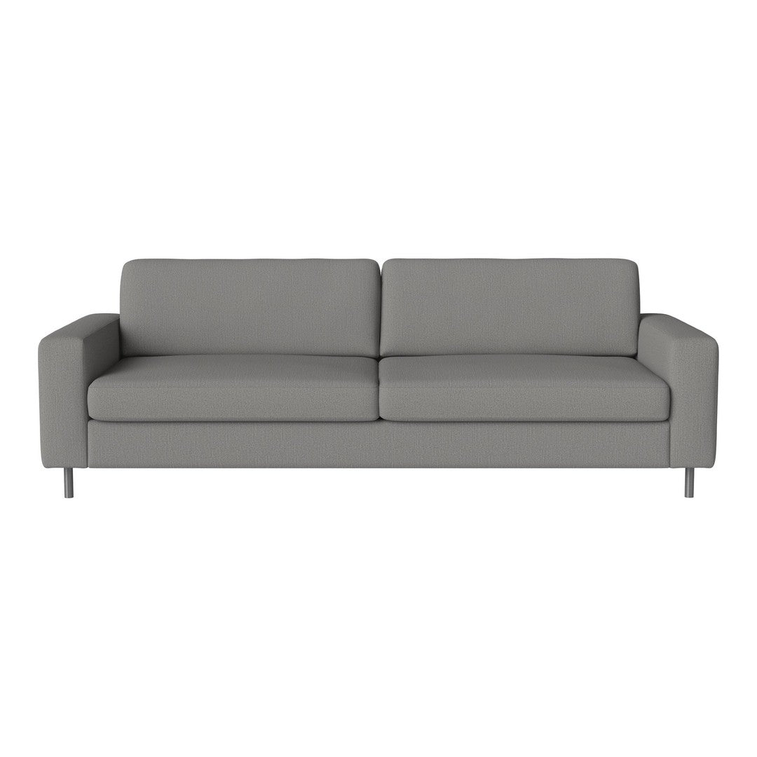 Modern gray sofa with a minimalist design, featuring smooth fabric and sleek metal legs. Perfect for contemporary decor.