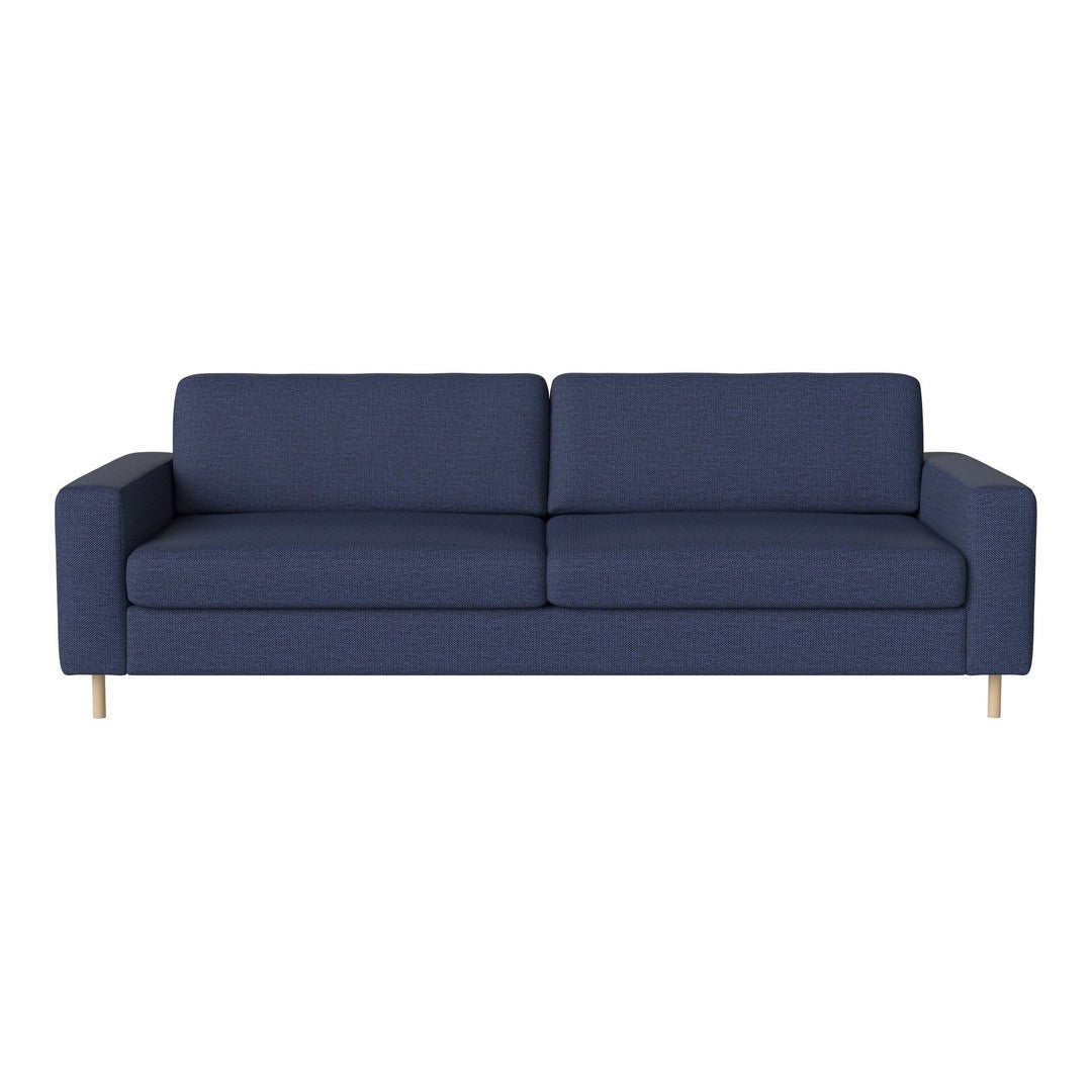 Navy blue sofa with a smooth fabric finish and modern design, featuring a minimalist style and natural wood legs.