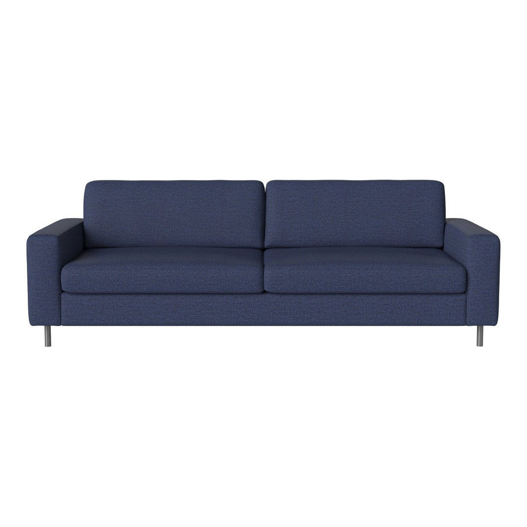 Navy blue sofa with a smooth, solid fabric finish and sleek, modern design.
