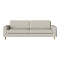 Light gray upholstered sofa with a minimalist design and smooth texture, featuring wooden legs for a modern touch.