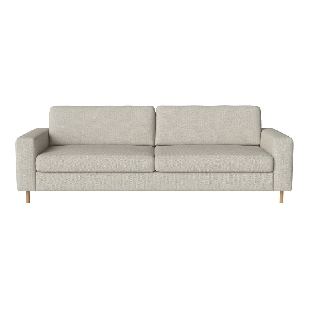 Light gray modern sofa with clean lines and smooth fabric, featuring minimalistic style and natural wood legs.
